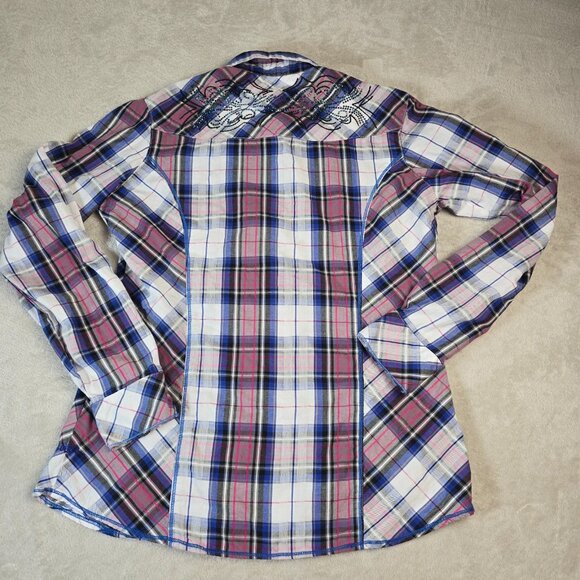 Adiktd Western Top Womens Medium Pink Blue Plaid Embellished Rhinestone Yoke - Picture 15 of 16